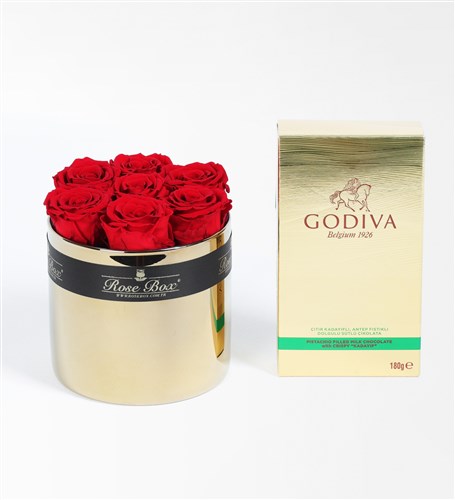 ROSE BOX ÇİÇEKCİLİK Gold Camda Kırmızı Solmayan Güller X Godiva Çıdır Kadayıflı, Dolgulu Antep Fıstıklı Çikolata Hediye Seti