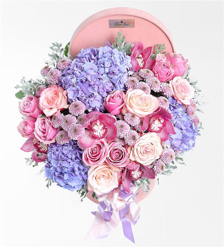 Pinky Grande In Box - Pembe Kadife Kutuda Ortanca, Güller ve Cymbidium Orkideler